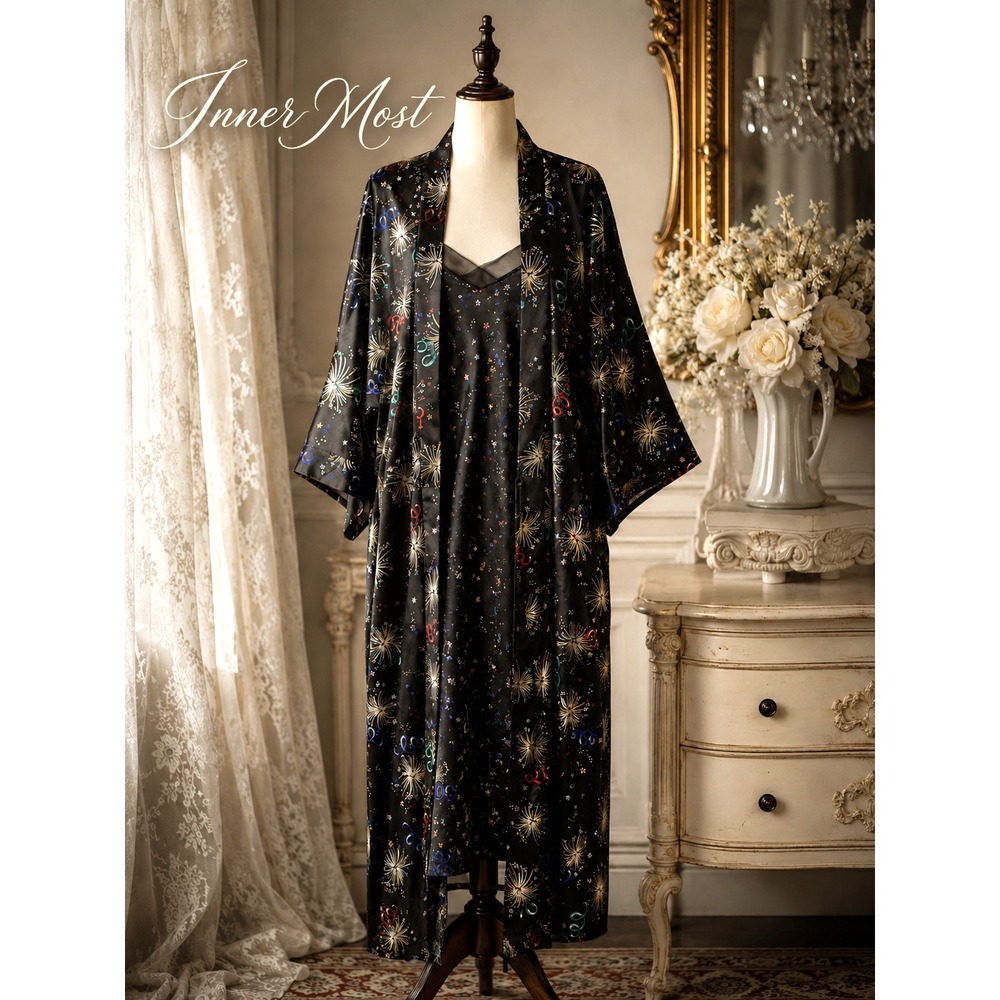 Inner Most Vtg Black 2 Pc Slip Dress Kimono Robe Set Fireworks Celestial M/L